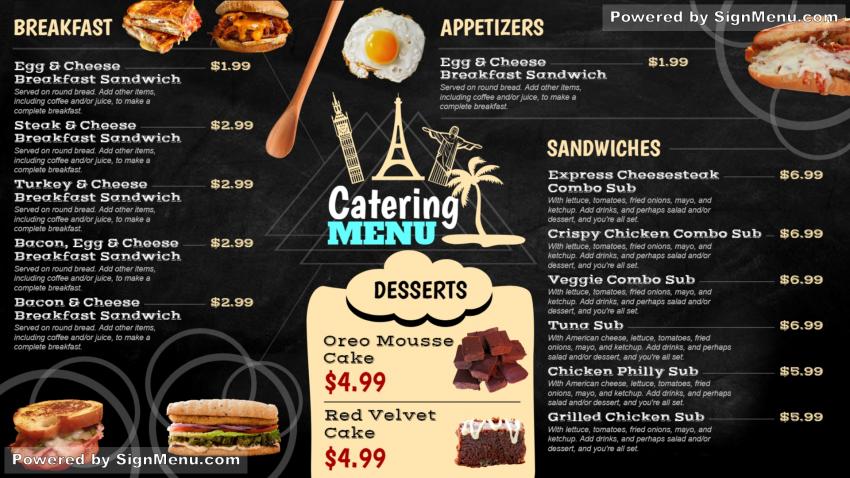 Black menu board with food images