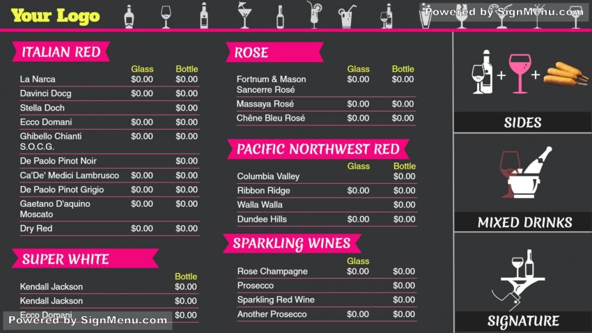 Dark gray wine menu board for digital signage