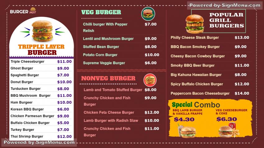 Digital menu board for Burgar shop