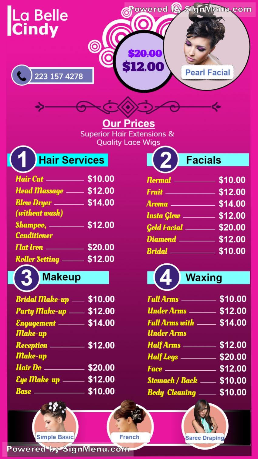 Signmenu : Digital signage menu board of a beauty salon.