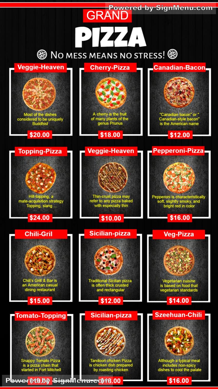 Takeout menu board for Pizza shop