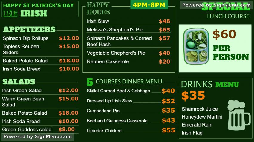 Saint Patrick Day Menu board