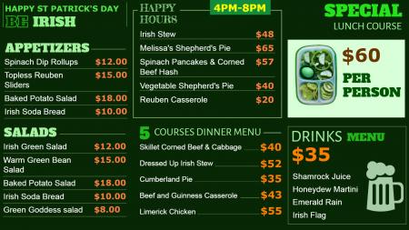 Saint Patrick Day Menu board