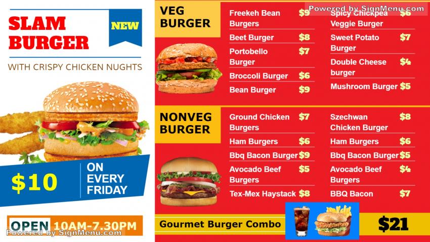Slam Burger Restaurant Menu Board