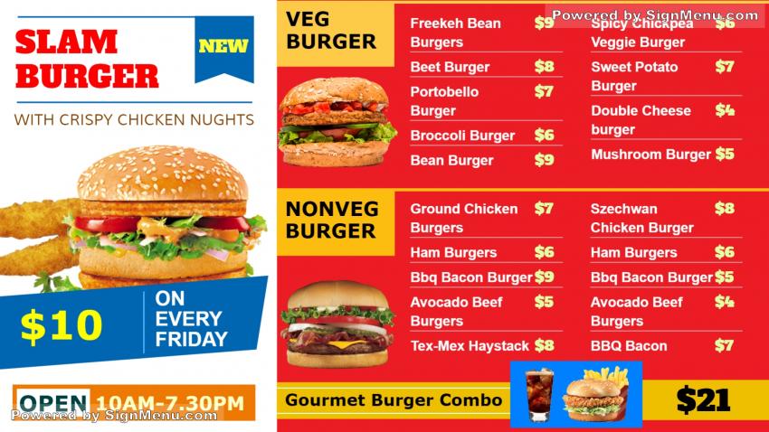 Slam Burger Restaurant Menu Board