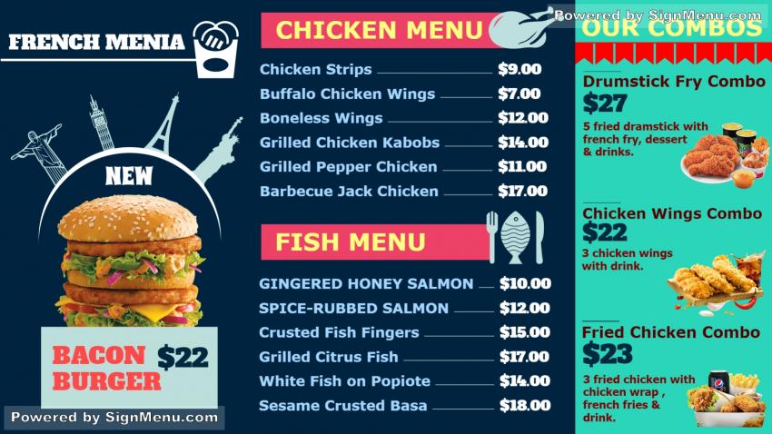 Table Menu for Fast  Food