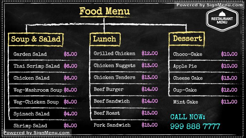 Chalk Board Food Menu for Signage Screen