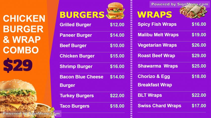 Combo Offer Menu Board for Burger and Wraps