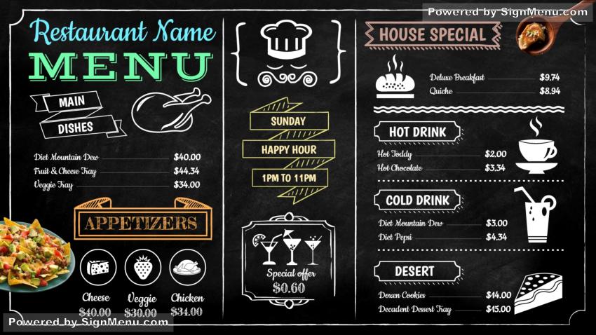This restaurant menu board signage template appears classic which represent...