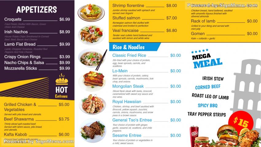 Multi color restaurant menu board