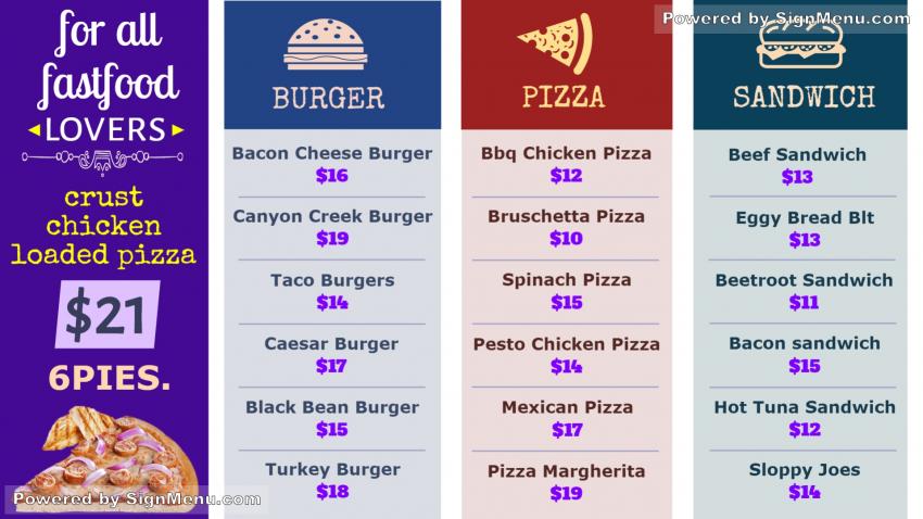 Fast Food Menuboard for Display Screen