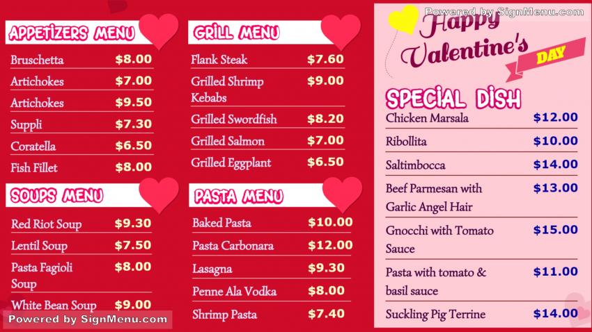 Valentine day Spacial Menu Board