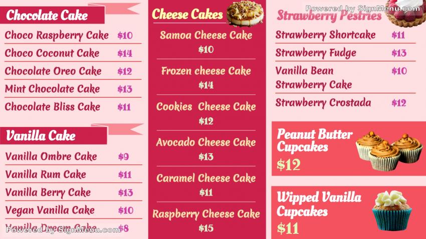 Cake Pastry Sample Menu Design