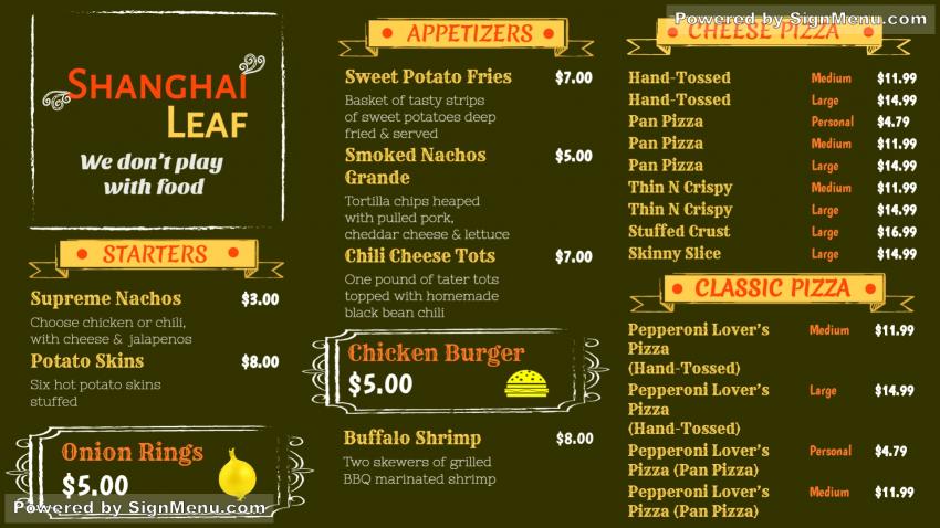 Sample Menu Board Design for Restaurant