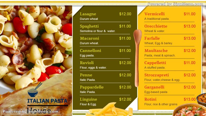 digital signage Pasta menu board
