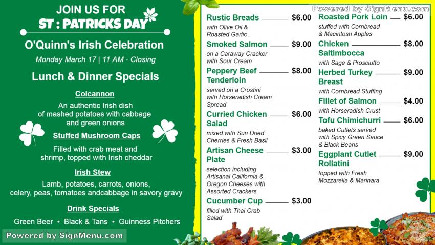 St. Patrick's Day Special Food menu