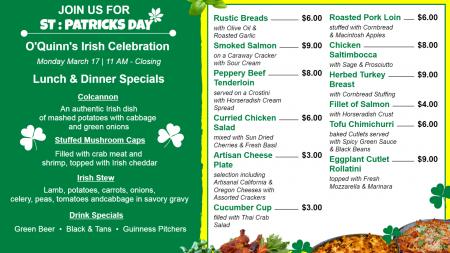 St. Patrick's Day Special Food menu