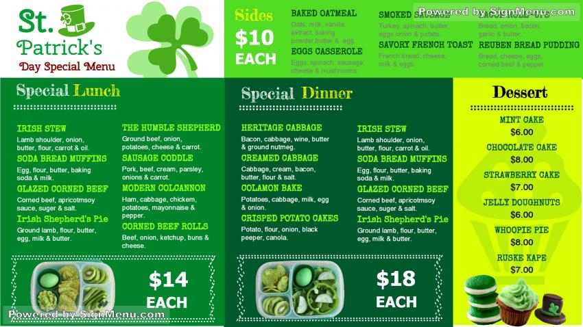 St. Patrick's Day Food menu