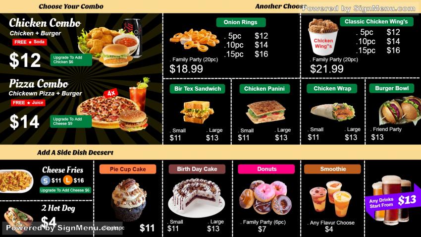 Black Restaurant Combo menu options for digital signage