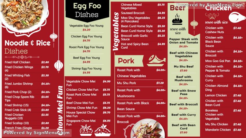 American Chinese food menu