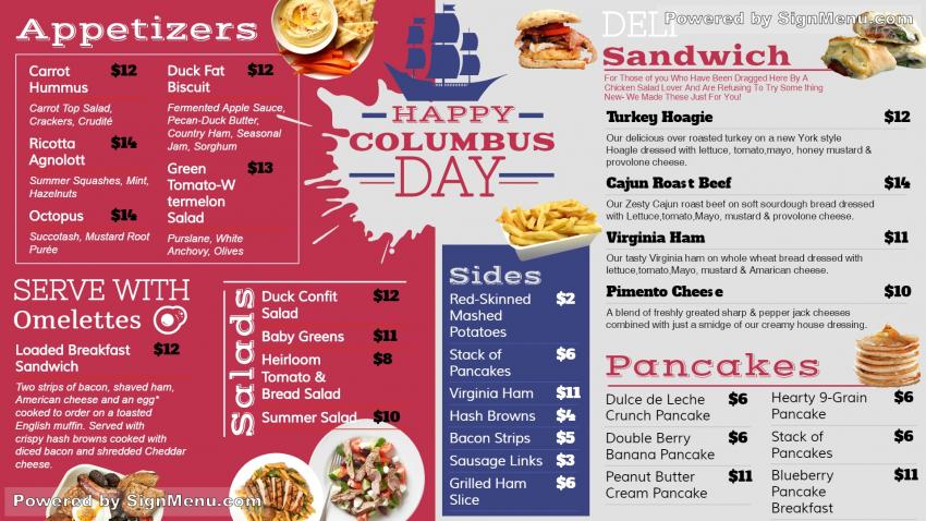 Columbus Day Signage Menu