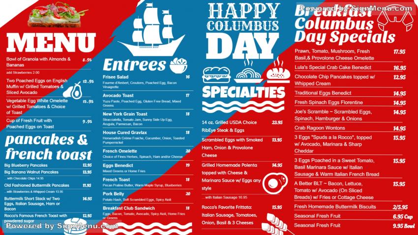 Columbus Day Digital signage menu board