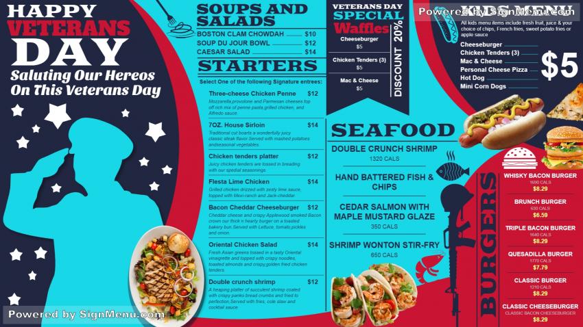 Veterans day restaurant menu for signage