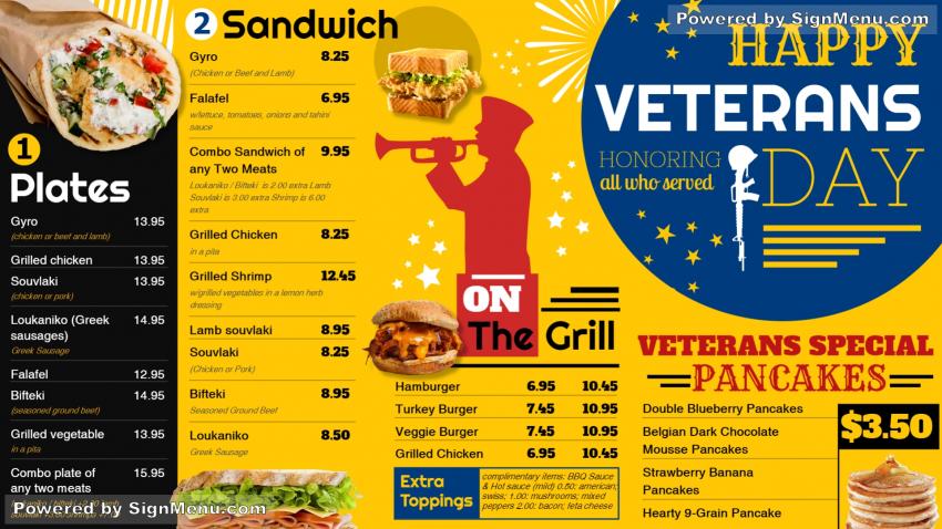 Digital signage menu for Veterans-day