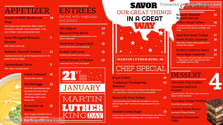Red Martin Luther King Day Menu