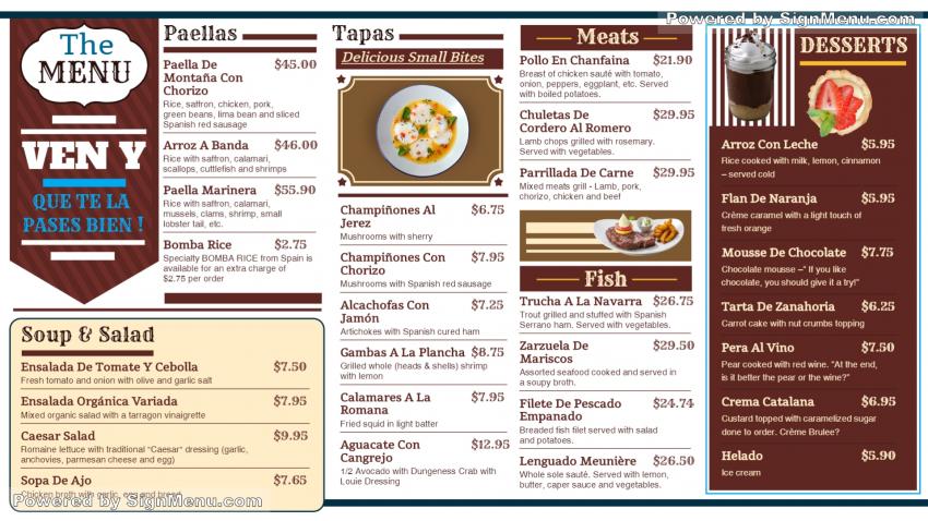 Spanish signage menu