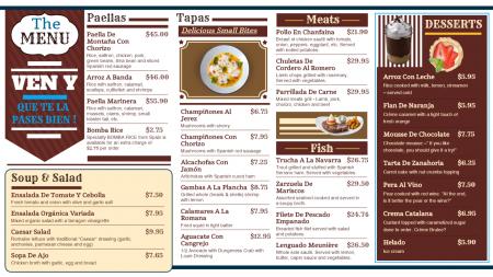 Spanish signage menu