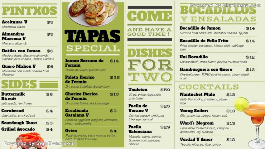 Tapas Special menu