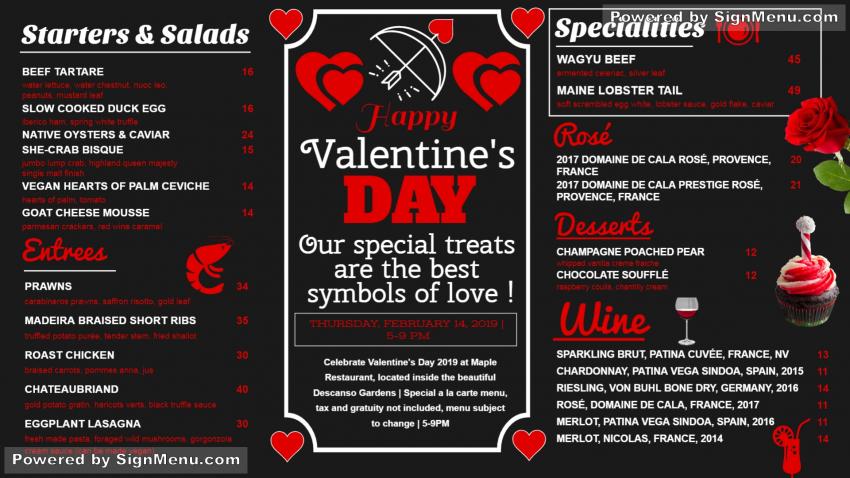 Valentines day signage menu