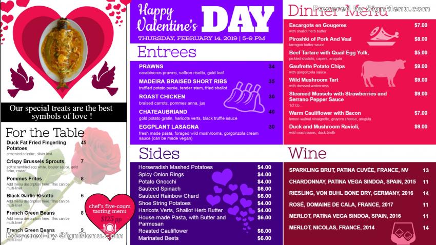 Multi color valentines day signage menu