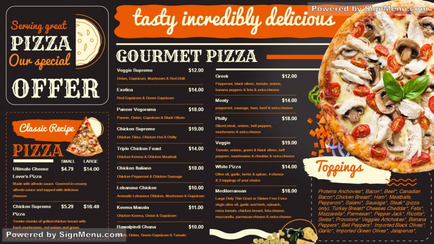Pizza menu for digital signage