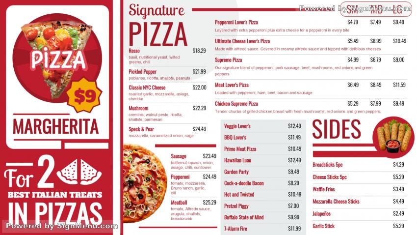 Pizza menu