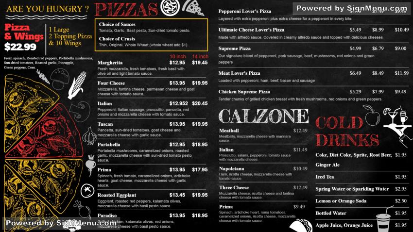 Chalk Pizza signage menu