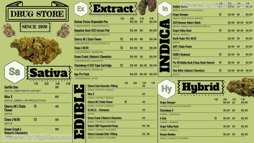 Marijuana signage menu