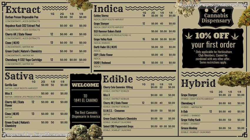 Marijuana menu