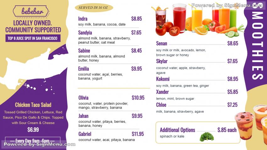 Juice menu