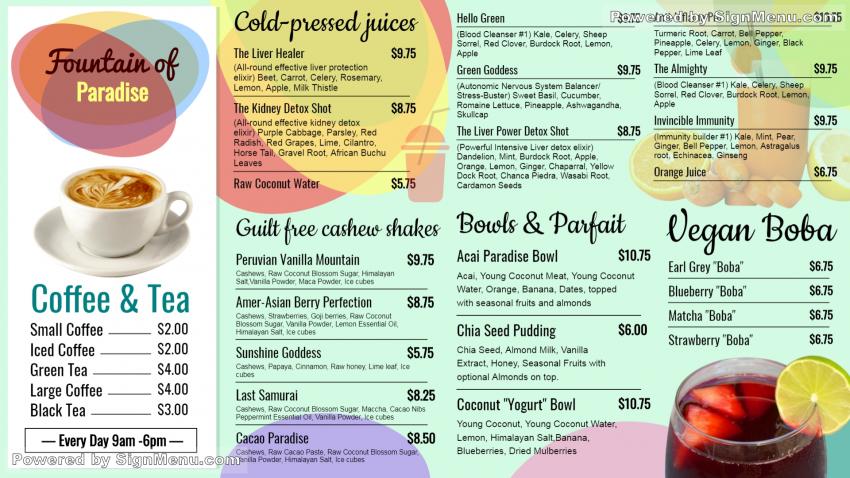 Juice signage menu