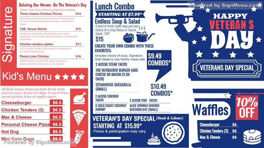 Veterans Day Signage Menu