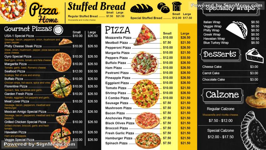 Pizza menu