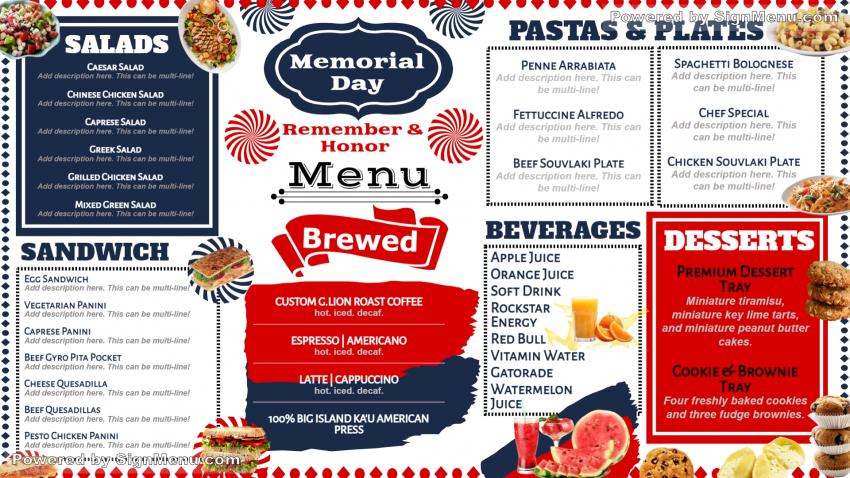 Memorial day menu