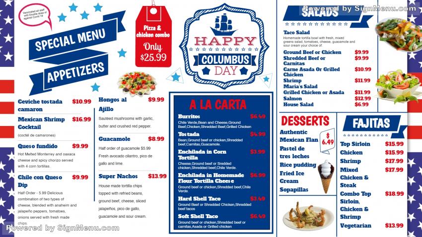 Columbus day menu