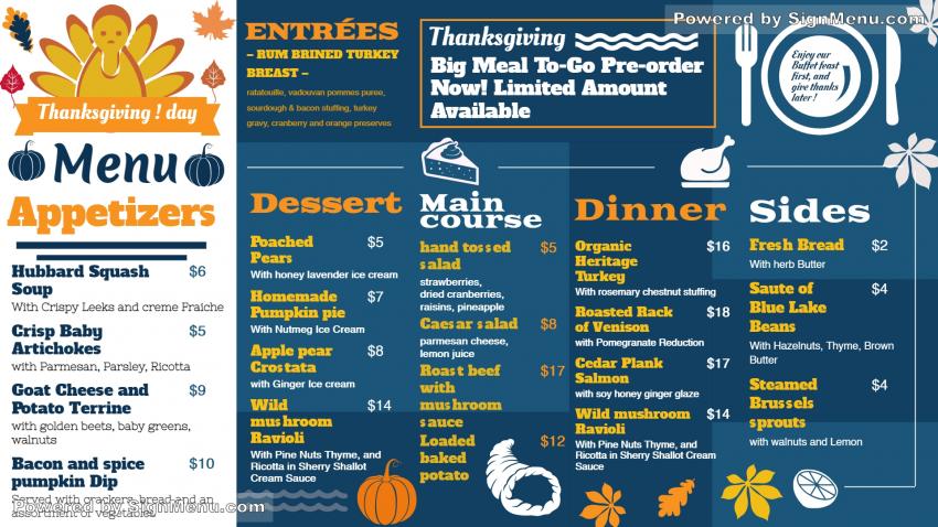 Thanks Giving day signage menu