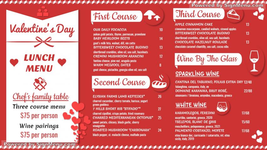 Valentine's Day Menu