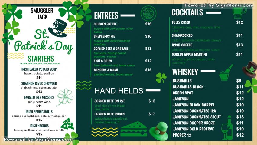 St. Patrick's Day menu