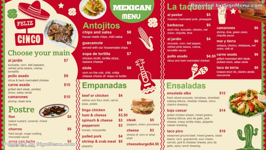 Mexican menu