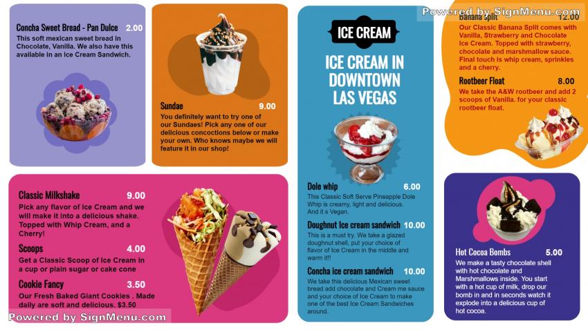 Ice cream menu